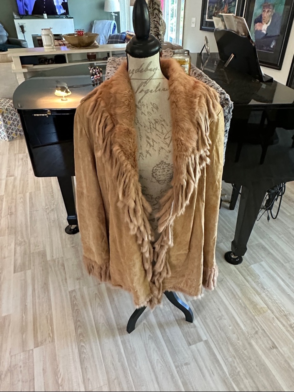 Leather  & Fringe Trim Coatigan in Camel fur coat beautiful no flaws